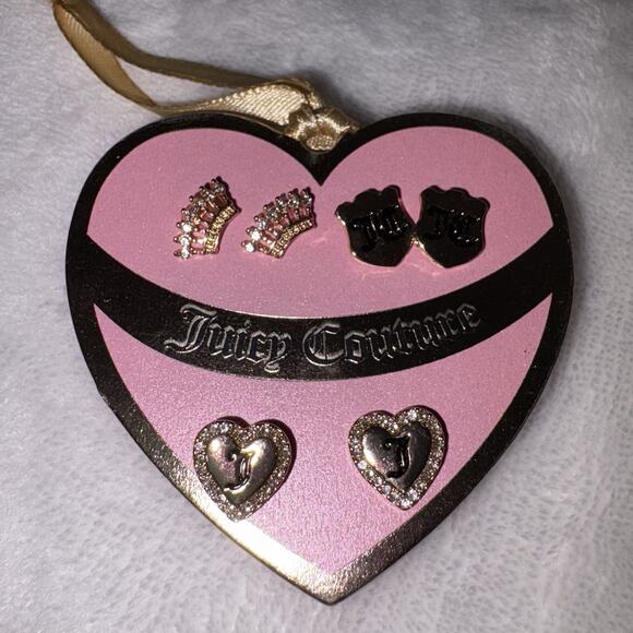 Juicy Couture Set Of 3 Earrings Crown & Hearts Gold Tone Studs NWT - Picture 3 of 4